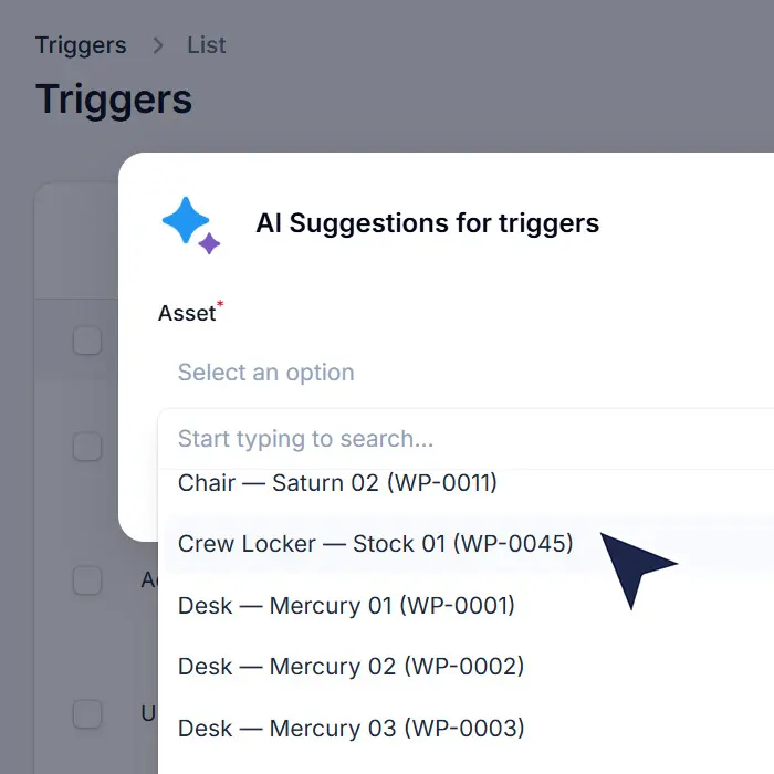 Furnify screen for AI suggestions that tie a service or replacement trigger to a furniture asset