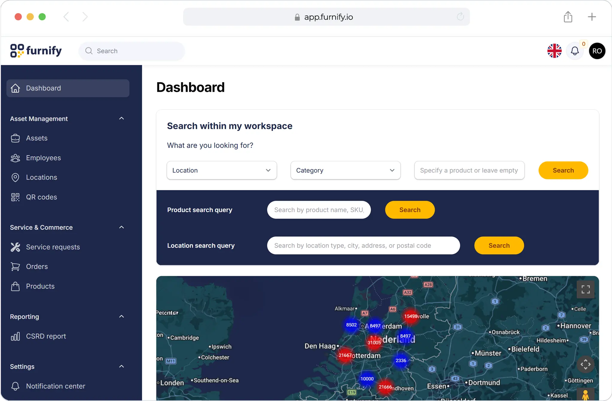 Furnify dashboard to search assets by location and category, with a map of asset counts in the Netherlands and northern Germany
