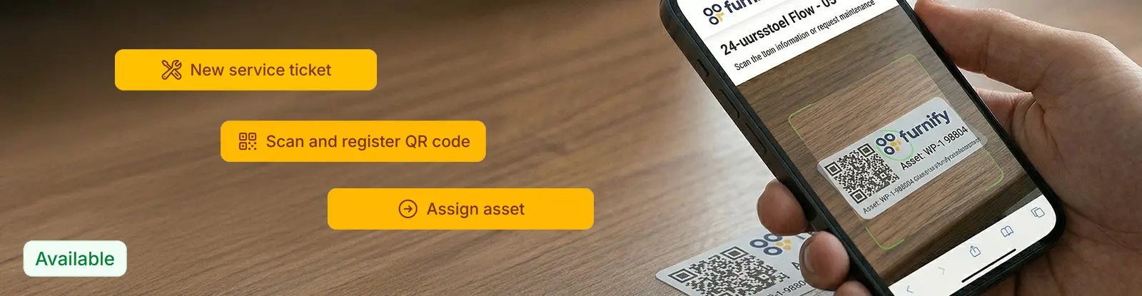 Phone scanning a Furnify QR code on a furniture label to register the asset or open a service ticket
