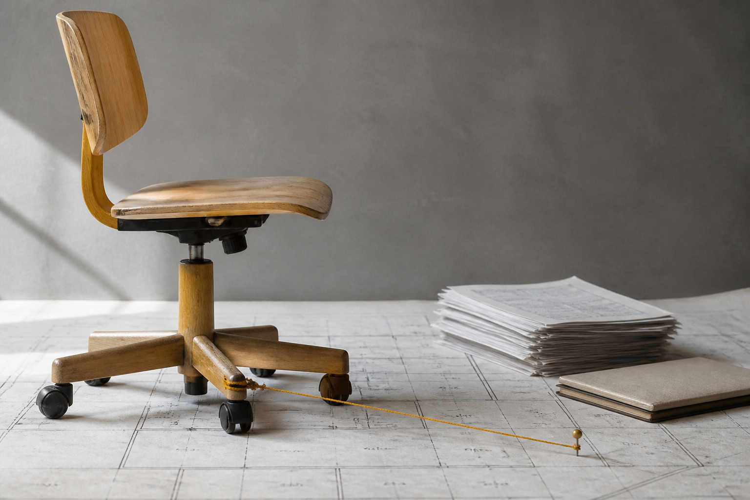 Wooden office chair on a floor plan, tied by a yellow thread to a pin beside a stack of papers