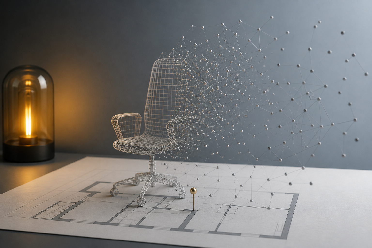 Wireframe office chair dissolving into unlabelled data nodes, with one point pinned to a floor plan