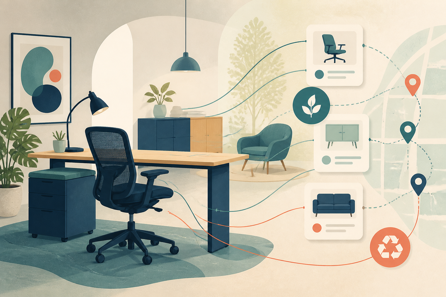 Illustration of organised office furniture, locations and reuse