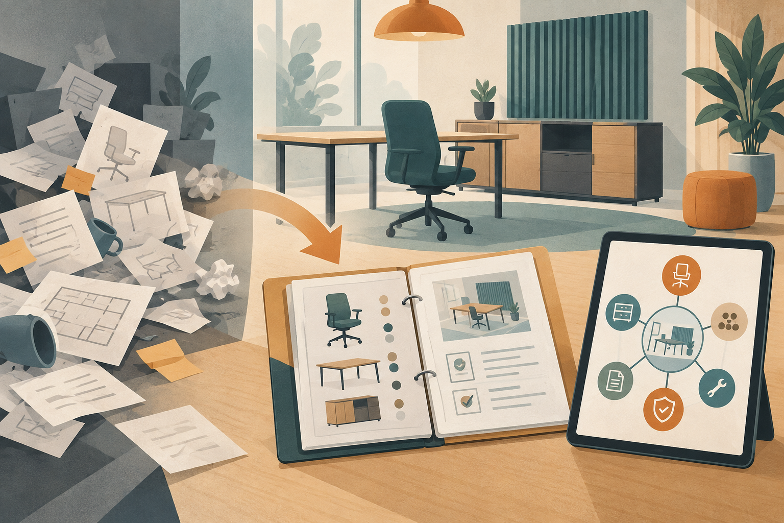 Editorial illustration of scattered furniture project papers becoming one structured digital handover record