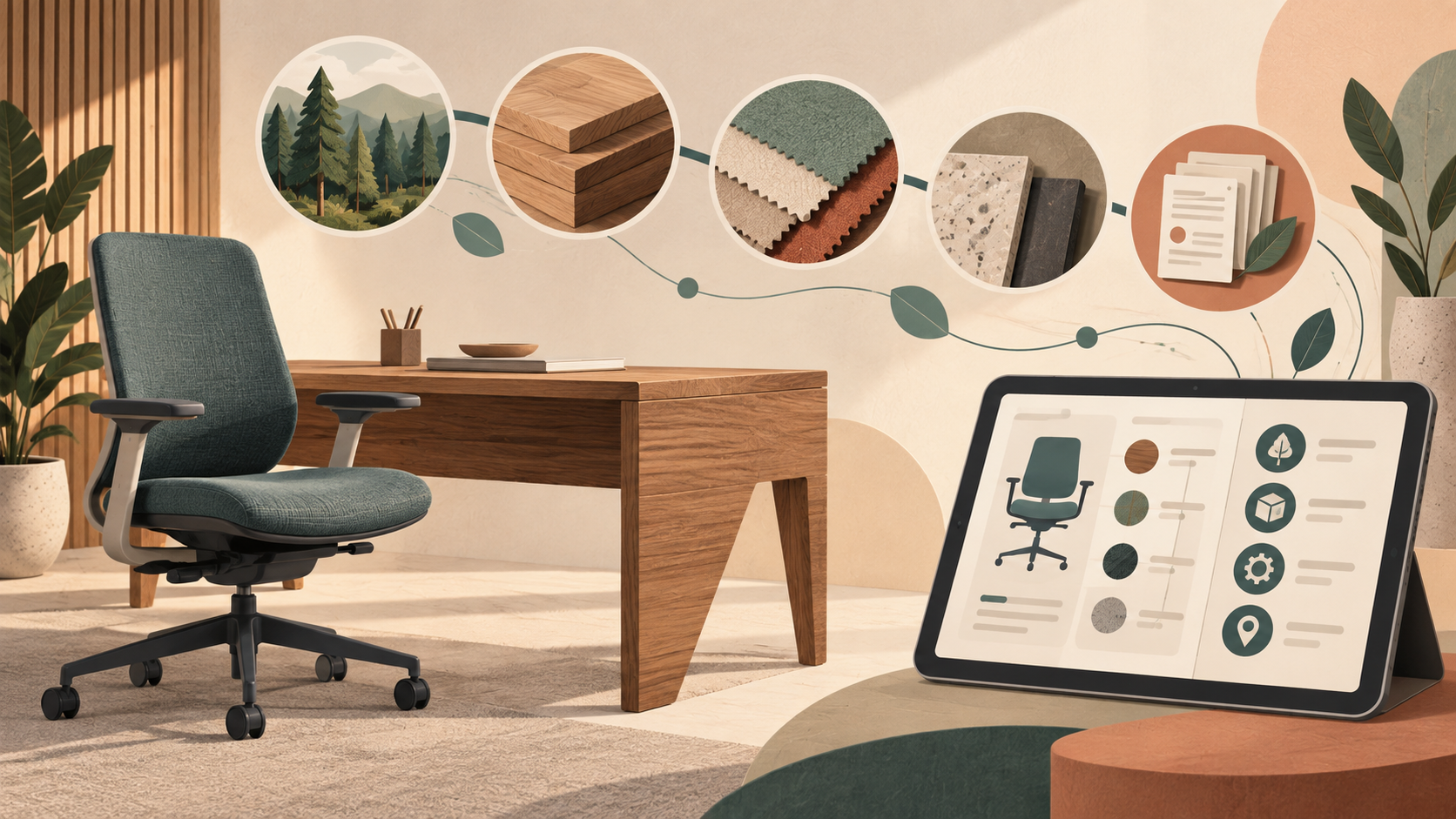 Furniture traceability: office chair, wood source, material samples and digital product record