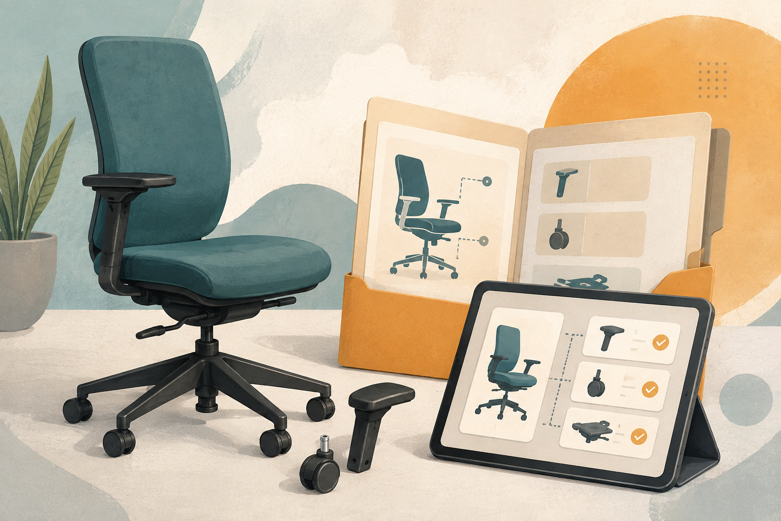 Illustration of an office chair, spare components and a digital service record